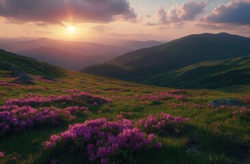 Mountaintop sunset over rhododendron field