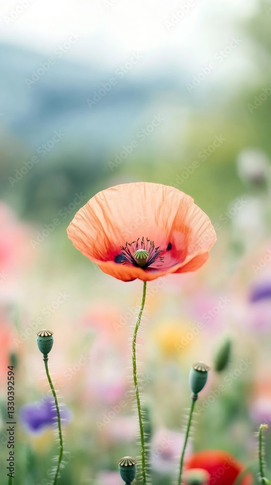 Poster Close-up of a vibrant orange poppy flower with a blurred background of various colorful flowers and a soft bokeh effect