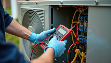 Professional HVAC Technician with Focused Demeanor Testing Electrical Components in Industrial Setting