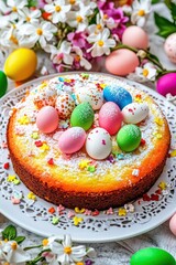 Obraz premium Easter Cake with Colorful Eggs and Spring Flowers