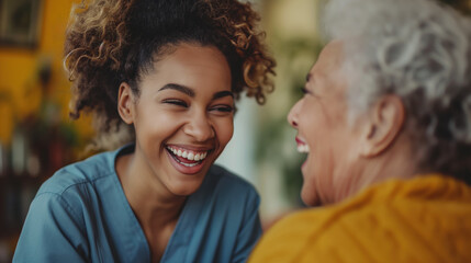 Fototapeta premium A home health care worker assists an elderly woman in her home / Healthcare aide / Medical assistant