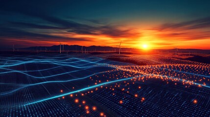 Futuristic landscape at sunset with wind turbines and digital network overlay.