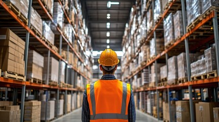 Fototapeta premium Skilled Engineer in Safety Gear Observing Warehouse Operations
