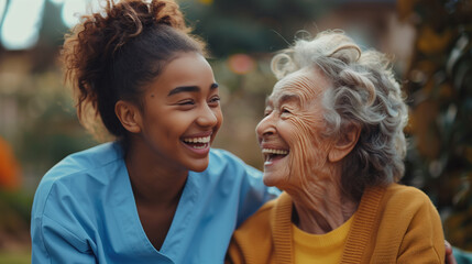 A home health care worker assists an elderly woman in her home / Healthcare aide / Medical assistant
