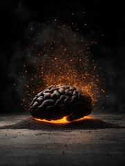Naklejka premium A striking visual of a glowing brain amidst a dark, smoky background, symbolizing creativity and intellect, Ideal for articles on neuroscience, personal development, or innovation,