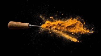 Dramatic presentation of turmeric powder emanating from a wooden handled tool
