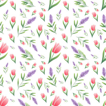 Spring seamless pattern with flowers. Floral background in flat style with tulip, violet bouquet. Vector illustration