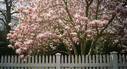 Fototapeta premium Blooming Magnolia Tree with Pink Flowers Behind White Picket Fence