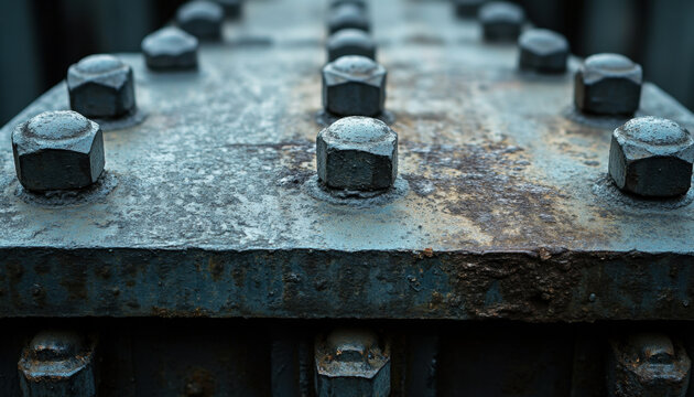 Close-up of rusty rivets on an old steel bridge showcases its industrial strength and historical character
