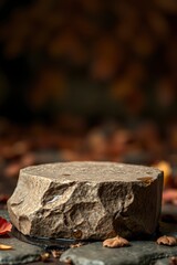 Stone Display Platform with Autumn Leaves for Product Presentation