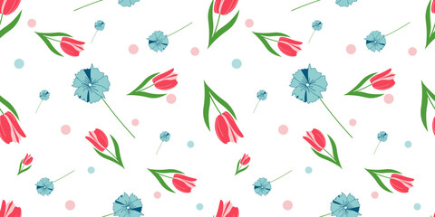 Spring - themed floral seamless pattern featuring bouquet of tulips and blue flowers. Botanical vector background illustration