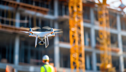 A drone equipped with a high-resolution camera hovers over a construction site, observing ongoing building activities in clear weather