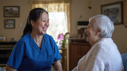 A home health care worker assists an elderly woman in her home / Healthcare aide / Medical assistant