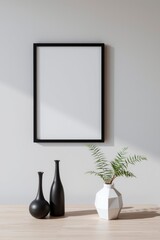 Fototapeta premium Framed Art Mockup Featuring Modern Vase and Black Decorative Bottles