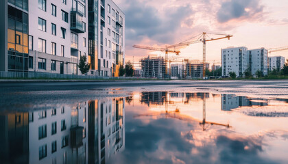 Fototapeta premium Contemporary architecture with vibrant sunset colors reflected in water on street, construction activity nearby in urban setting