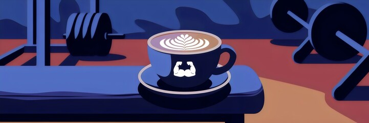 Illustrated cup of latte with a bicep icon on a gym bench, blurred gym background with fitness equipment