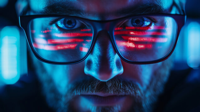 Government employee focused on reading with vibrant digital reflections