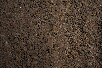 Close-up of a rough, dark soil surface with a detailed texture. The earthy background showcases natural patterns and organic elements, perfect for environmental and agricultural themes.