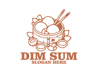 Line art illustration of dim sum in a bamboo steamer with chopsticks on a white background. Asian cuisine concept. dim sum in a steamer with chopsticks and tea cups and logo vector dism sum