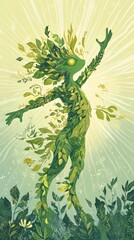 An illustration depicts a green being made entirely of leaves