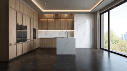 Obraz premium 3D rendering of a spacious kitchen with natural wood cabinetry and smooth white marble wall panels