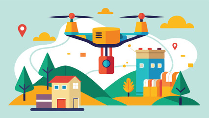 Vector illustration showcasing a drone flying over a colorful landscape with houses, trees, and storage facilities during a sunny day