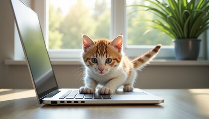 Kitten playing with a laptop keyboard, bright natural daylight, simple and clean modern workspace, lighthearted and cute composition