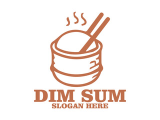 Line art illustration of dim sum in a bamboo steamer with chopsticks on a white background. Asian cuisine concept. dim sum in a steamer with chopsticks and tea cups and logo vector dism sum