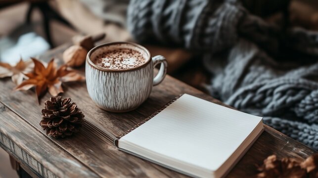 Warm cup of coffee sits on a rustic wooden table beside a blank notebook and autumn leaves in a cozy setting
