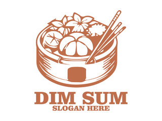 Line art illustration of dim sum in a bamboo steamer with chopsticks on a white background. Asian cuisine concept. dim sum in a steamer with chopsticks and tea cups and logo vector dism sum