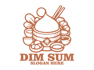 Line art illustration of dim sum in a bamboo steamer with chopsticks on a white background. Asian cuisine concept. dim sum in a steamer with chopsticks and tea cups and logo vector dism sum