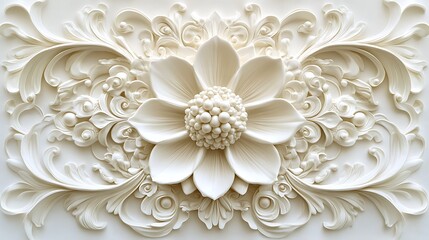 Intricate white plaster relief with floral scrollwork and pearl details in baroque style


