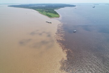 River meeting land at the confluence of water and vegetation in the Amazon