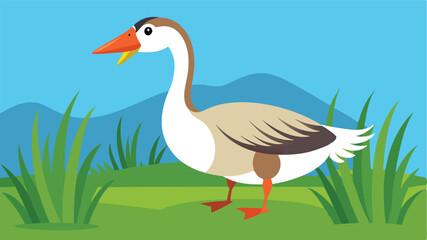 Obraz premium A cute white duck standing in lush green grass under a bright blue sky with fluffy clouds enjoying a sunny day in a tranquil outdoor setting
