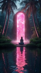 Fantasy hiperrealistic scene with a woman sitting in meditation in front of the shining pink portal, surrounded by water and forest at night