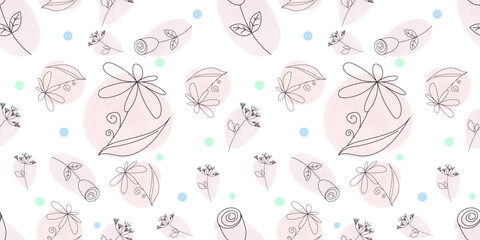 Floral spring seamless pattern with flowers in linear style with watercolor pink spots. Vector illustration
