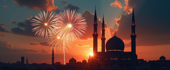 Eid Ul Adha and Eid Ul Vida Celebration: Mosque Lights Up Sunset Sky with Fireworks. A mosque silhouetted against a sunset sky with fireworks.