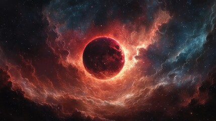 Obraz premium Fiery, crimson, cosmic, celestial, dark, swirling nebula surrounding a dark red planet.