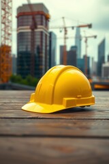 Yellow Hard Hat on Wooden Surface Construction Site