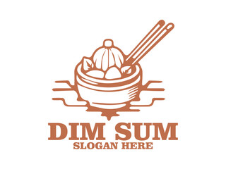 Line art illustration of dim sum in a bamboo steamer with chopsticks on a white background. Asian cuisine concept. dim sum in a steamer with chopsticks and tea cups and logo vector dism sum