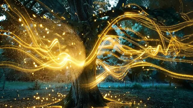 Leuchtende Energiewurzeln umspannen einen alten Baum