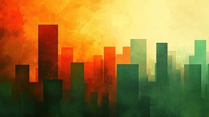 Abstract cityscape with vibrant color gradients. Buildings are depicted with bold, geometric shapes, and blended hues of orange, red, and green.
