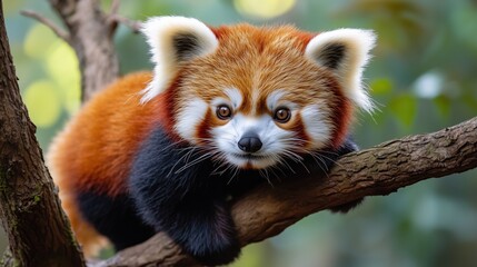 Red panda resting on a tree branch in a lush forest during daytime, showcasing vibrant fur and unique features