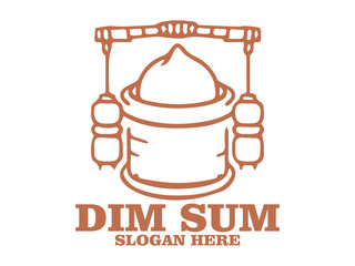 Line art illustration of dim sum in a bamboo steamer with chopsticks on a white background. Asian cuisine concept. dim sum in a steamer with chopsticks and tea cups and logo vector dism sum