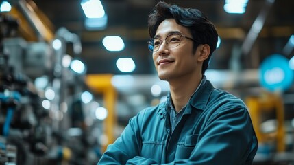 Naklejka premium Confident Asian Male Engineer in Modern Factory