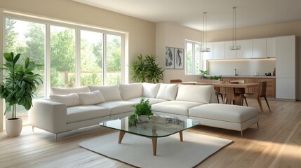 Fototapeta premium A chic minimalist interior with soft beige walls and light wood floors