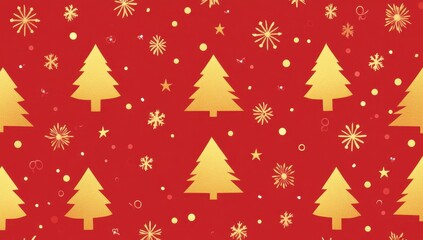 Red Background with Gold Christmas Trees and Festive Decorations