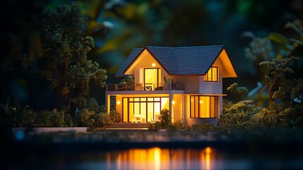 Beautiful Modern House Night Illumination Dream Home Exterior Design Residential Architecture Two Story Building Suburban Landscape Nighttime Scene   