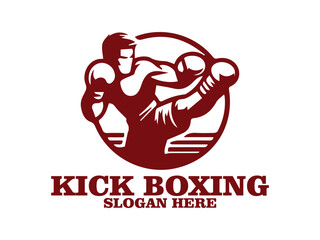 illustration kick boxing of a boxer in a fighting stance with raised gloves against, kick boxing  of a boxer with muscular build, raised gloves  background. Fitness and sports concept and logo vector