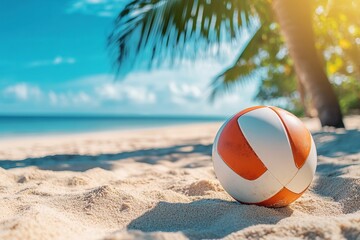 Obraz premium Beachfront volleyball rests on warm sand under clear blue skies